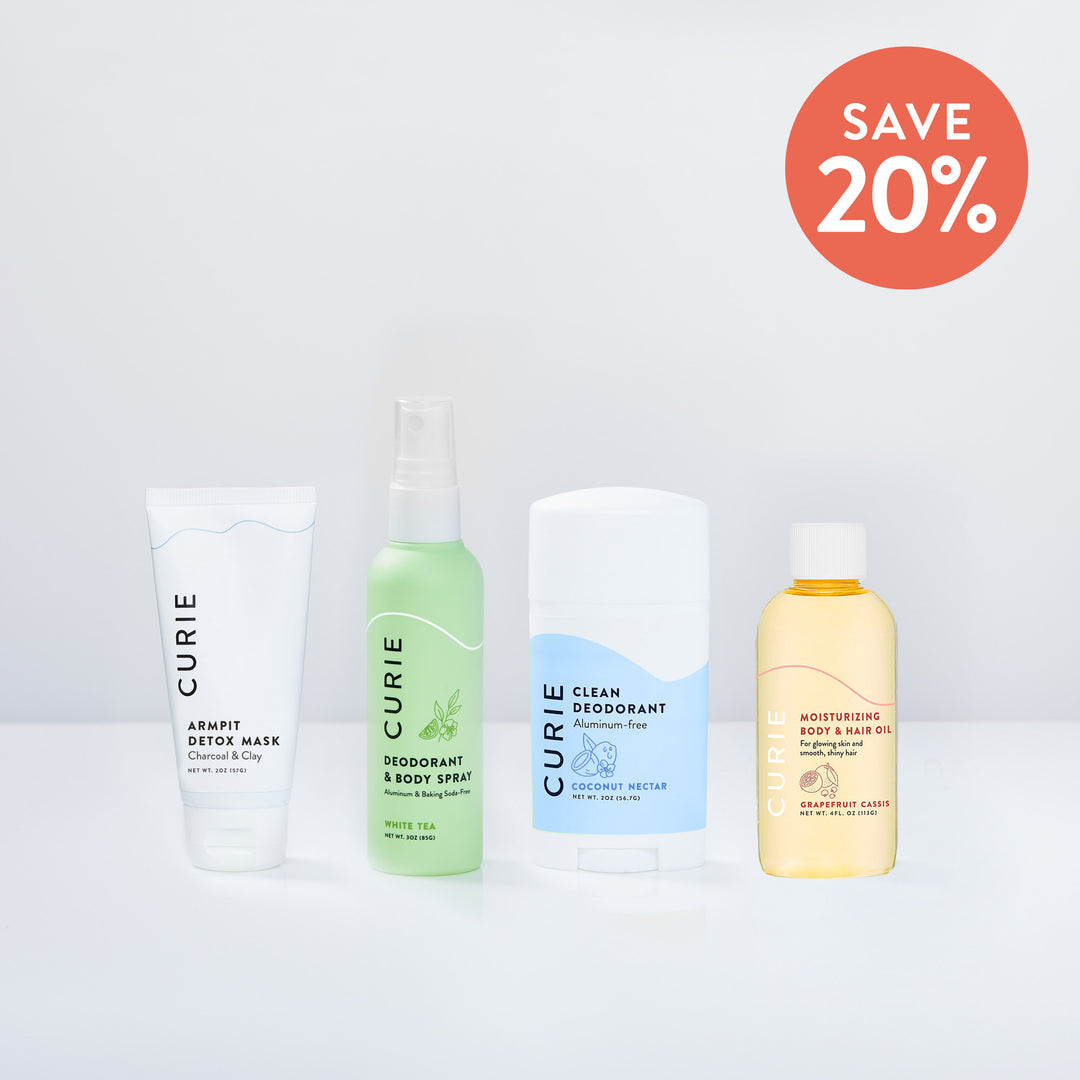 Four Curie personal care products with 'Save 20%' text.